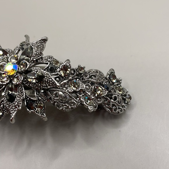 Silver Rhinestone Floral Flower Butterfly Clip Paris Hair Barrette - Picture 2 of 4